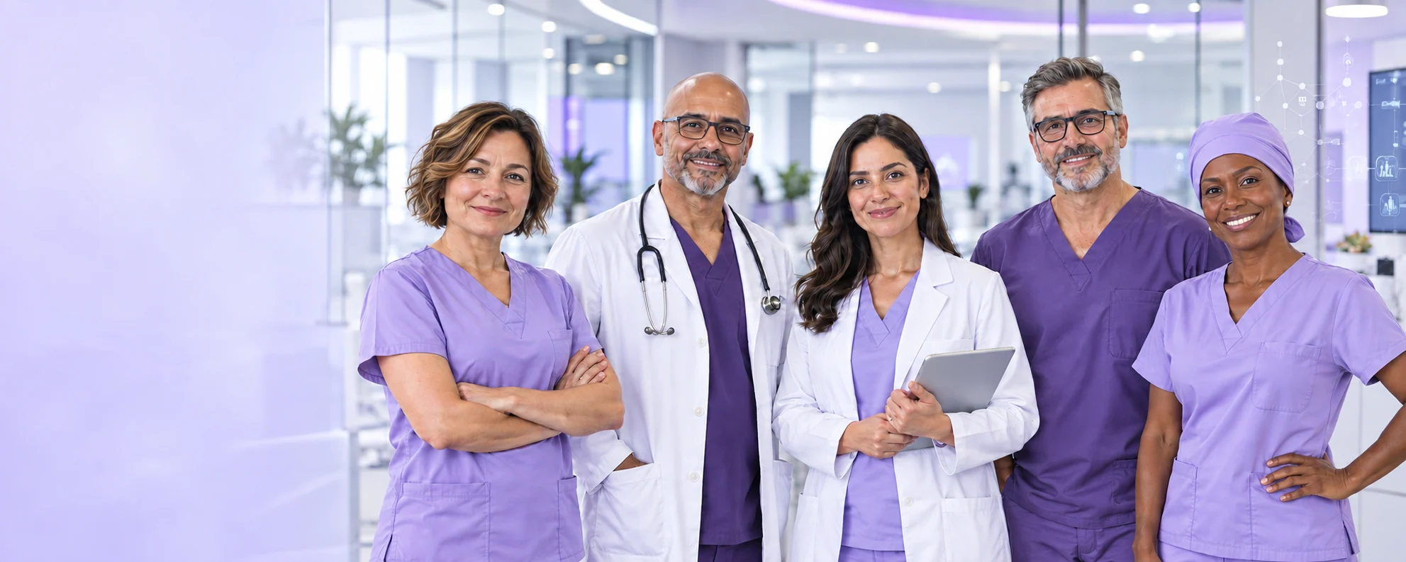 Equipo de profesionales de salud de frente en un entorno tecnológico